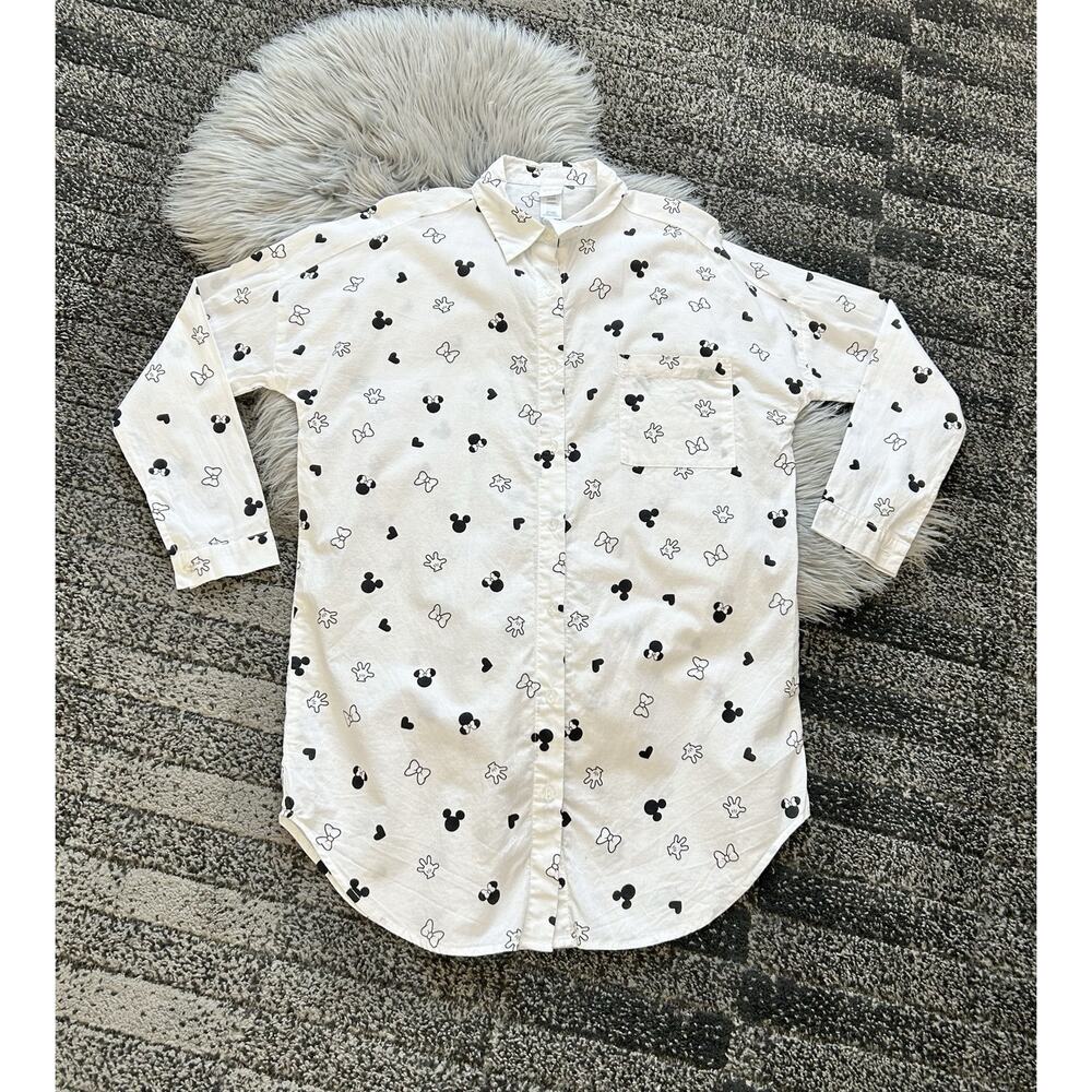 Disney Minnie & Mickey Mouse Medium White Button Down‎ Sleep Shirt Dress